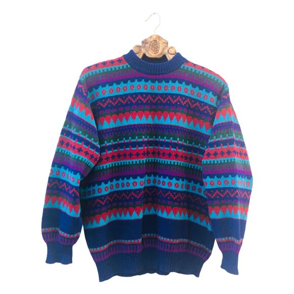 Vintage Sweater 100% Wool Patterned Stripe Bold Jewel Color Made in Italy 52 - Picture 1 of 8